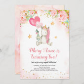 ピンクのユニコーンの魔法の少女2歳の誕生日 招待状 (正面/裏面)