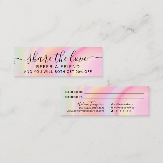 ピンクのユニコーンガーリー虹の大理石の紹介カード スキニー名刺 (正面/裏面)