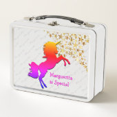 ピンクのユニコーンパーソナライズされた星 メタルランチボックス (正面)