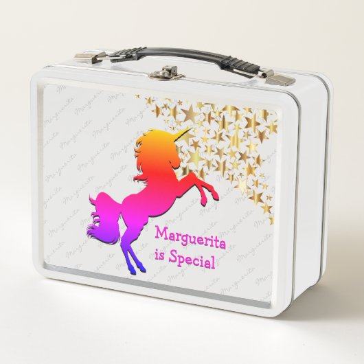 ピンクのユニコーンパーソナライズされた星 メタルランチボックス (正面)