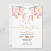 ピンクのユニコーンフローラ水の色ベビーガールシャワー 招待状 (正面)