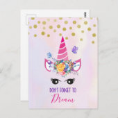 ピンクのユニコーン及び紙吹雪を夢を見るために忘れないで下さい ポストカード (正面/裏面)