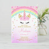 ピンクのユニコーン招待状 ゴールドの星 招待状 (スタンド正面)