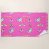 ピンクのユニコーン模様 ビーチタオル (正面)