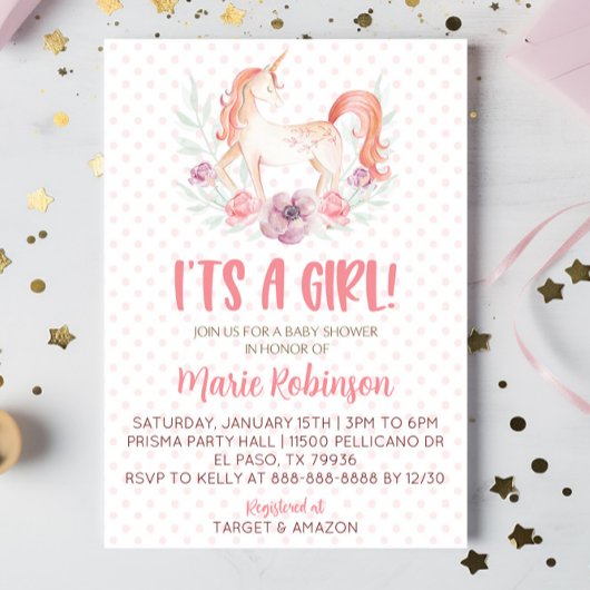 ピンクのユニコーン花ガールベイビーシャワー 招待状