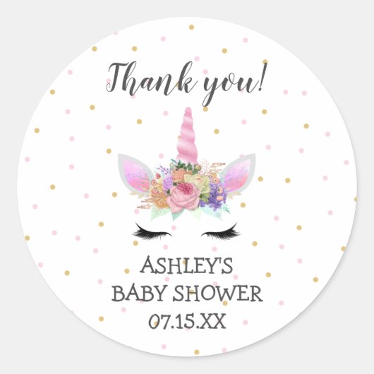 ピンクのユニコーン顔の赤感謝していちゃんシャワー ラウンドシール (正面)