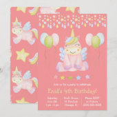 ピンクのユニコーン、バルーンとバナーの誕生日パーティー 招待状 (正面/裏面)