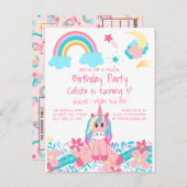 ピンクのユニコーン レインボー ムーン スター フラワーズ バースデー ポストカード (正面/裏面)
