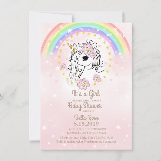 ピンクのユニコーンRainBow女の子ベビーシャワーカード 招待状 (正面)
