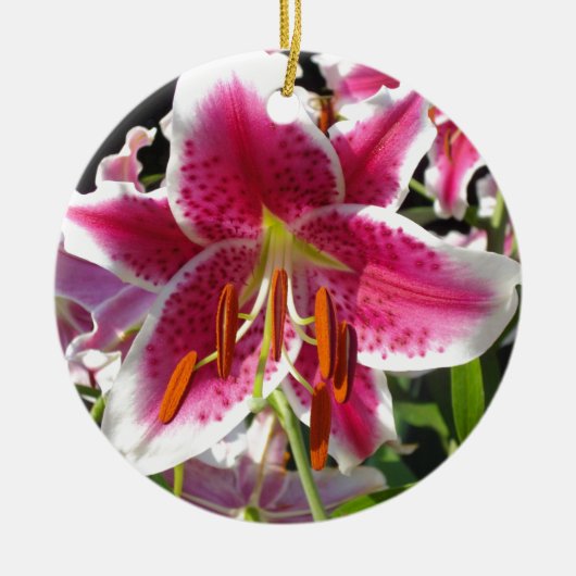 ピンクのユリのピンクのフローラピンクの花の熱帯花 セラミックオーナメント (正面)