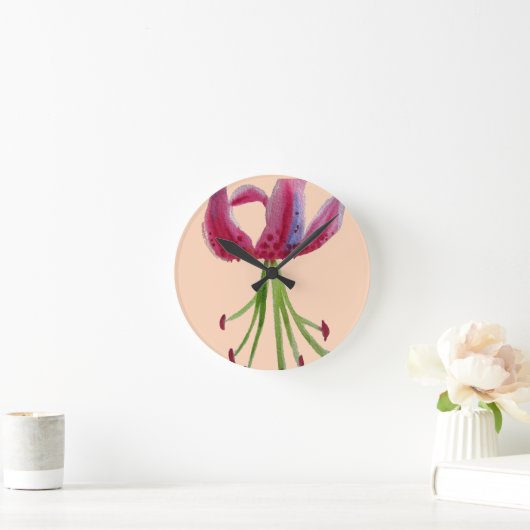 ピンクのユリの水の色の花モダンのフローラアート ラウンド壁時計 (ホーム)
