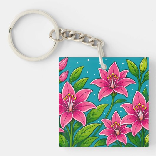 ピンクのユリの花と緑の葉のイラスト キーホルダー (正面)