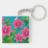 ピンクのユリの花と緑の葉のイラスト キーホルダー (裏面)