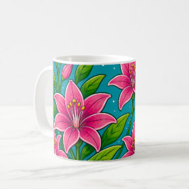 ピンクのユリの花と緑の葉のイラスト コーヒーマグカップ
