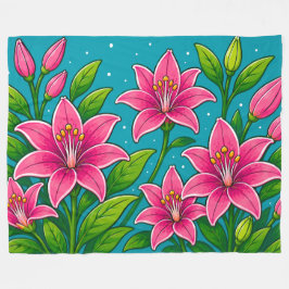 ピンクのユリの花と緑の葉のイラスト フリースブランケット