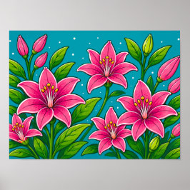 ピンクのユリの花と緑の葉のイラスト ポスター