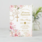 ピンクのユリの花のロザリオ スペイン語 Primera Comunion I 招待状 (スタンド正面)