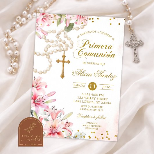 ピンクのユリの花のロザリオ スペイン語 Primera Comunion I 招待状