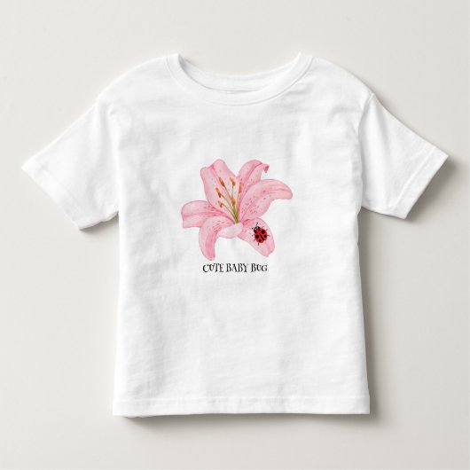 ピンクのユリの花の子供の可愛い水色のラディバグ トドラーTシャツ (正面)