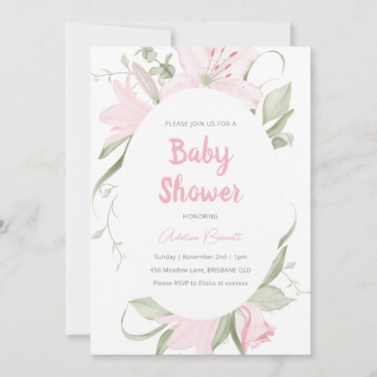 ピンクのユリの花の緑離れの赤ちゃんシャワー 招待状 (正面)