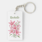 ピンクのユリの花パーソナライズされた キーホルダー (裏面)