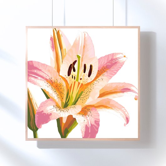 ピンクのユリの花 | 水彩フローラ絵を描ズ ポスター