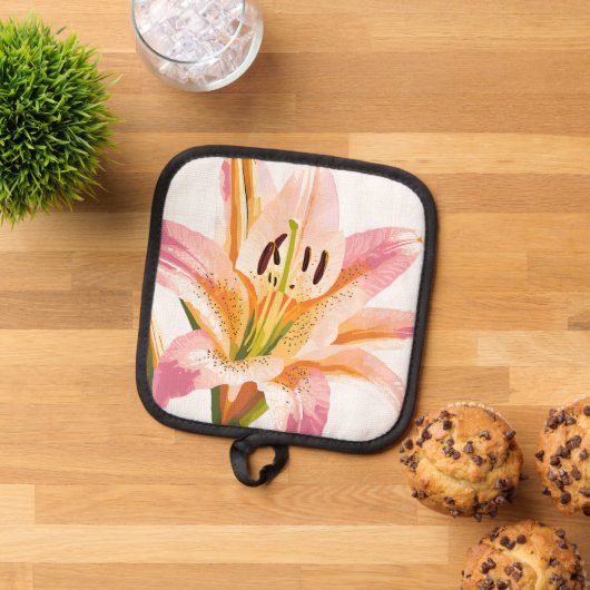 ピンクのユリの花 | 水彩フローラ絵を描ズ 鍋敷き (トップダウン)