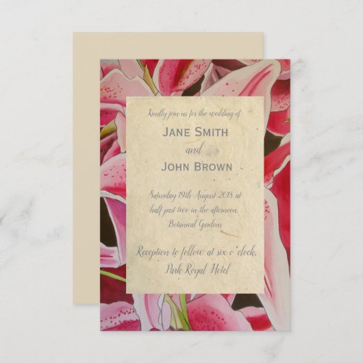 ピンクのユリ結婚の水彩画の素朴な 招待状 (正面/裏面)