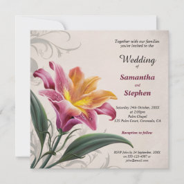 ピンクのユリ結婚の花 招待状