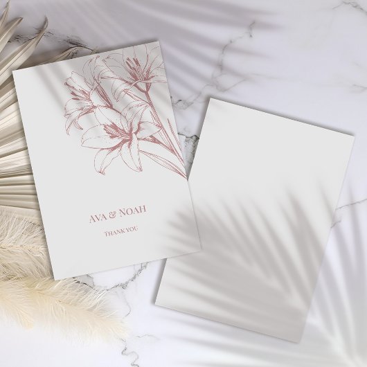 ピンクのユリ結婚の輪郭 サンキューカード