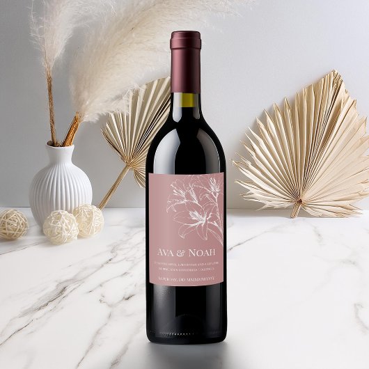 ピンクのユリ結婚の輪郭 ワインラベル