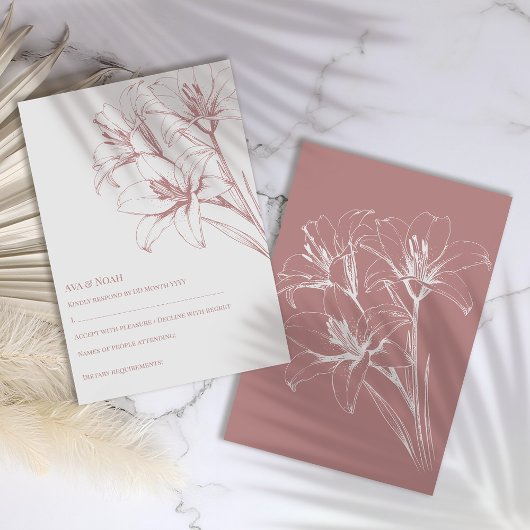 ピンクのユリ結婚の輪郭 出欠カード