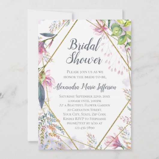 ピンクのユリ花の幾何学的な結婚水色 招待状 (正面)