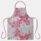 ピンクのユリ花の模様の水色エレガント エプロン (正面)