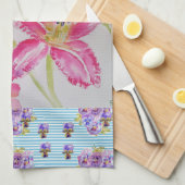 ピンクのユリ花ピンクの水彩フローラ花 キッチンタオル (四つ折り)