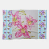 ピンクのユリ花ピンクの水彩フローラ花 キッチンタオル (横)