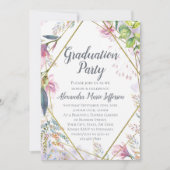 ピンクのユリ花幾何学的金ゴールド女子卒業 招待状 (正面)