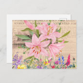 ピンクのユリ、フローラの水色、ヴィンテージ新聞 ポストカード (正面/裏面)
