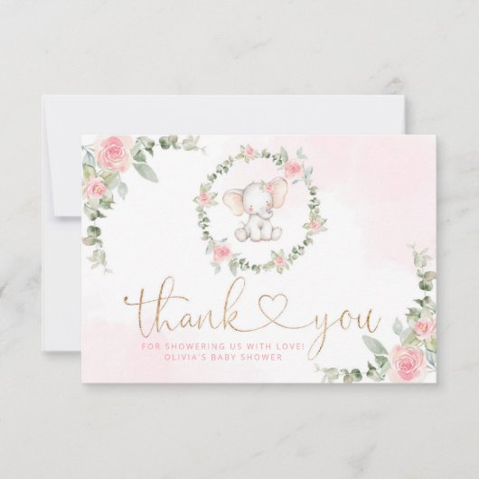 ピンクのユーカリ象の赤ちゃん感謝していシャワーあなた カード (正面)