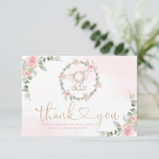 ピンクのユーカリ象の赤ちゃん感謝していシャワーあなた カード (スタンド正面)