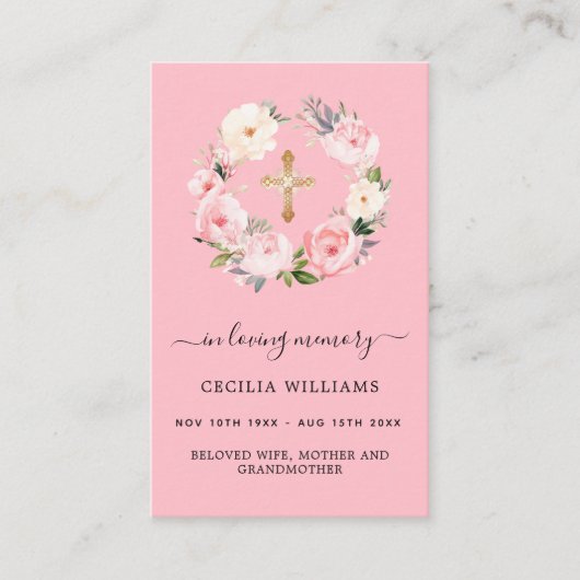 ピンクのライト花模様が葬式祈りの言葉カードを渡る 名刺 (正面)