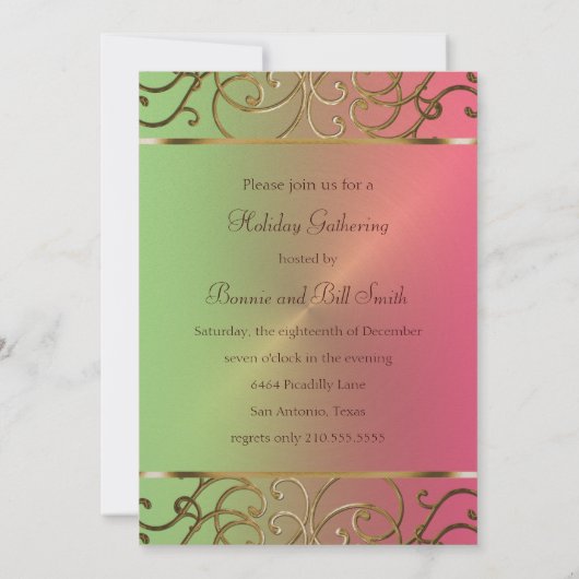 ピンクのライムグリーンおよび金ゴールドの休日のパーティの招待状 招待状 (裏面)