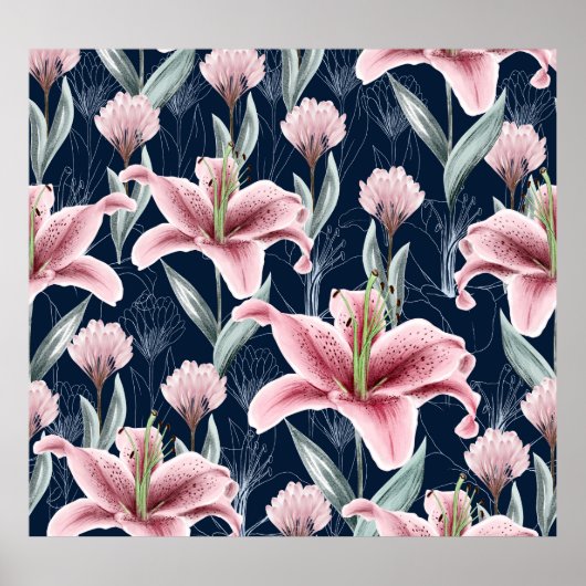 ピンクのライリー花のシームレスなパターン。 ポスター (正面)