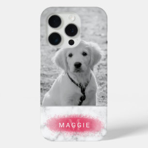 ピンクのラインが入ったオリジナルペット写真&擬似大理石テクスチャー iPhone 15 PROケース
