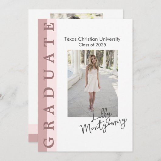 ピンクのライン写真 卒業おめでとうカード 招待状 (正面/裏面)