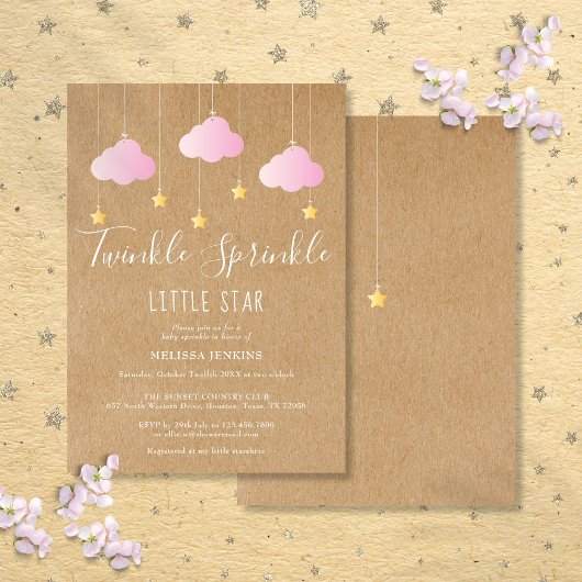 ピンクのラスティッククラフトのTwinkle Sprinkleベビーシャワー 招待状