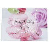 ピンクのラズベリーのマカロン フレンチペストリー 誕生日 ラージペーパーバッグ (正面)