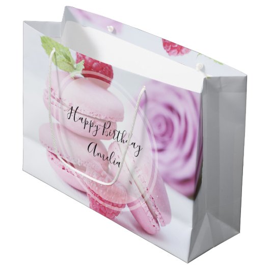 ピンクのラズベリーのマカロン フレンチペストリー 誕生日 ラージペーパーバッグ (正面アングル)