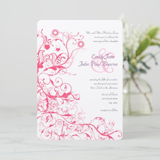 ピンクのラズベリーの鳥の渦巻き結婚式招待 招待状 (スタンド正面)