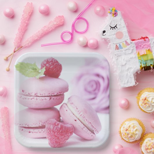 ピンクのラズベリーマカロンフランスのペストリー写真 ペーパープレート (パーティー)